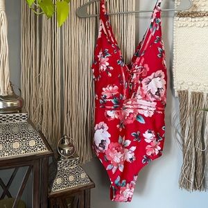 Red Floral One-Piece Tie-Up Front Swimsuit